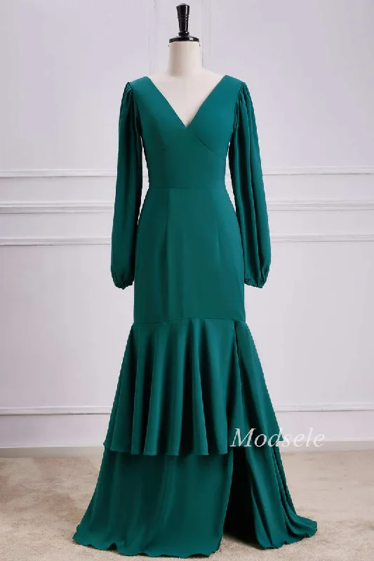 Attire Sale Emerald V-Neck Ruffle Maxi Dress with Long Sleeves