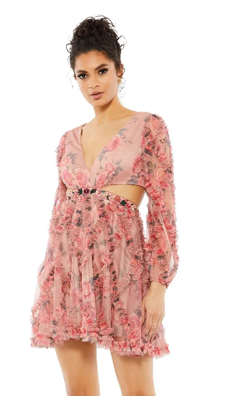 Affordable Online Boutique Long Sleeve Floral-Print Short Party Dress 9151