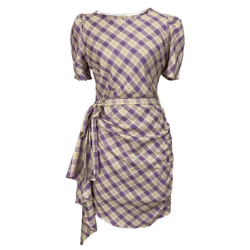 Eclectic Fashion Vintage Purple Plaid Ruffle Sleeve Mini Dress