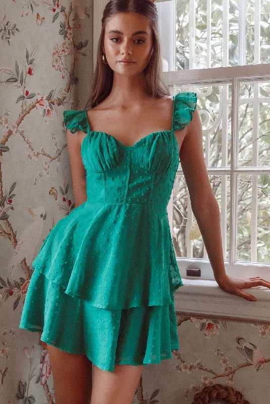 Online Boutiques Clothing Theory Sweetheart Neckline Frill Strap Mini Dress Textured Green