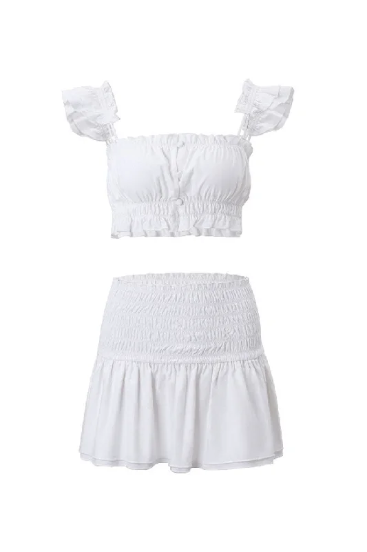 Flash Sale Fever Cute Ruffled Button Up Bra Top Ruched Drop Waist Skirt Two Piece Mini Dress