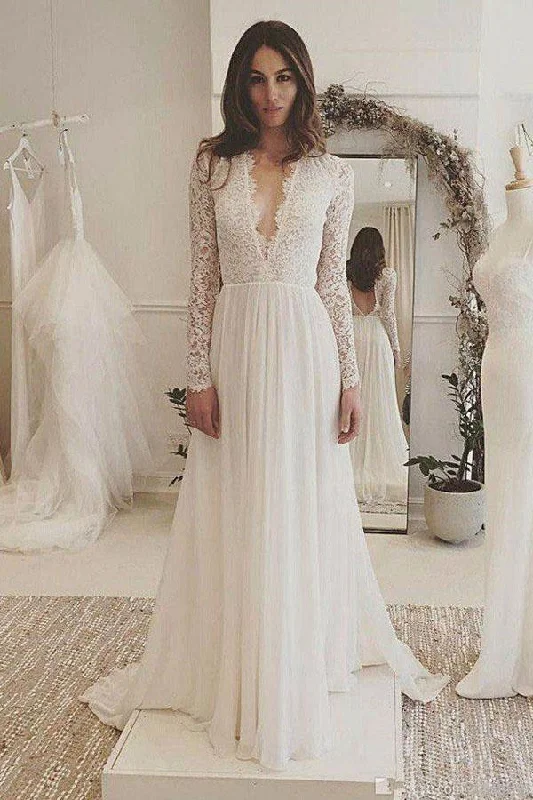 The Epitome Of Modern Women's Fashion Roycebridal Charming Affordable Chiffon Long Sleeve V Neck Formal Long Wedding Dresses, MW116