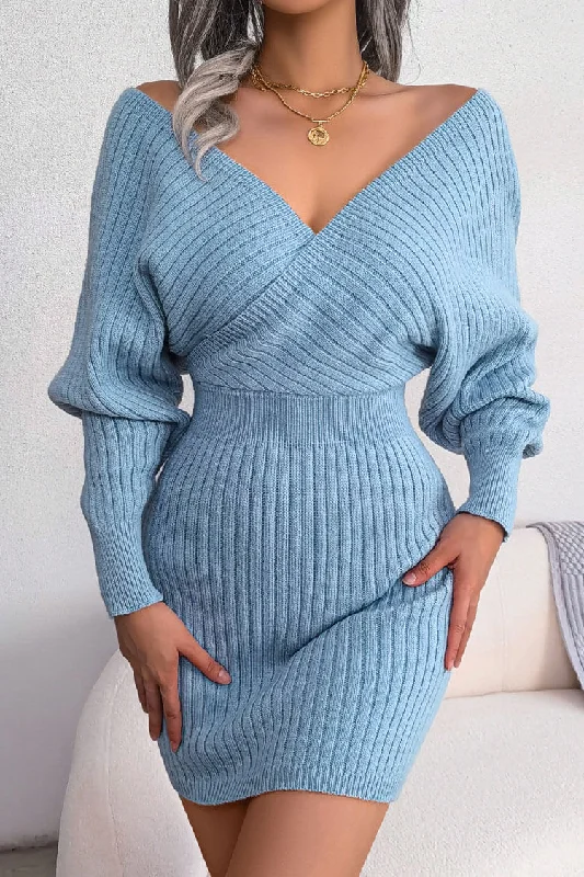 Women's Clothing Online Sexy Winter Wrap V Neck Rib Knit Sweater Mini Dress - Blue