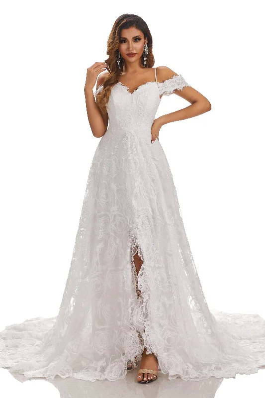 Casual Wear Off The Shoulder Sweetheart A Line Sweep Train Lace Wedding Dresses