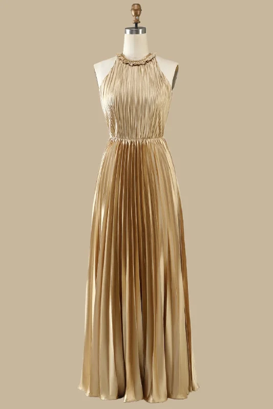 New Season Fashion Preview Sale Gold Round Neck Ruffle Pleated Maxi Dress