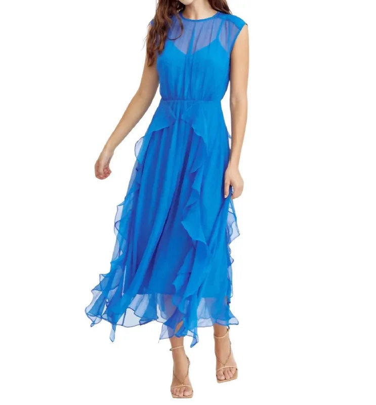 Sale Clearance Rosalie Cascading Ruffled Midi Dress In Sea Blue