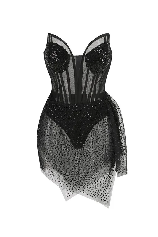 Odd Size Clearance Sale Sparkly Sequin Sweetheart Bustier Sheer Mesh Corset Rhinestone Club Mini Dress