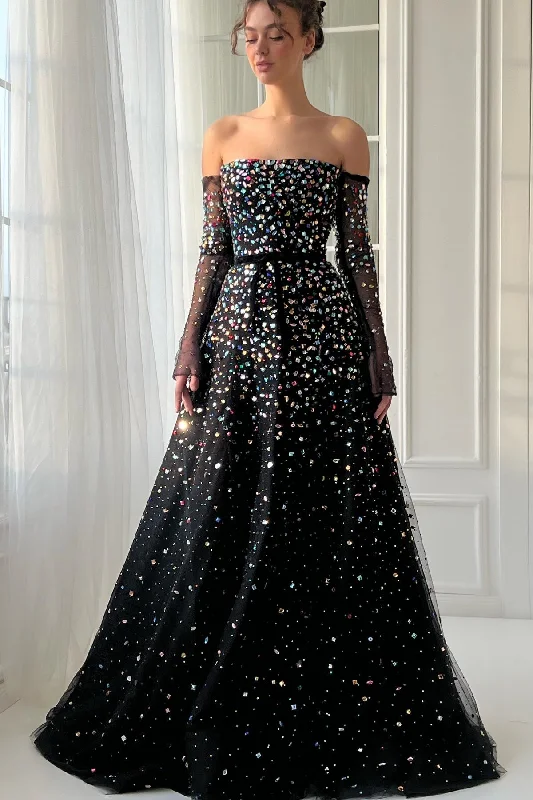 Popular Collection Off the Shoulder A-line Black Maxi Dresses WIth Colorful Rhinestones, Luxury Prom Dresses, Newest 2025 Prom Dresses