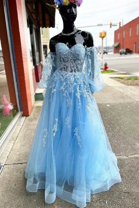 Trendy Women’s Outfits for Casual Wear Blue Floral Lace Sweetheart A-Line Prom Dress with Sleeves Y4029