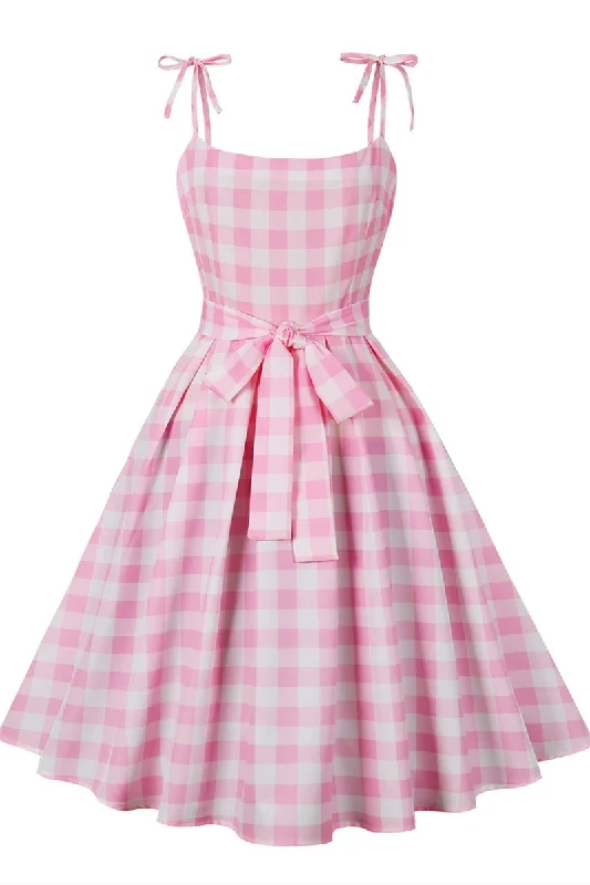 Trendy Aesthetics Pink Gingham Bow Strap Tie-Front A-Line Midi Dress