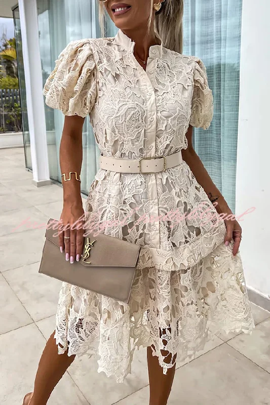 The Latest Fashion Trends Absolutely Elegant Floral Crochet Lace Puff Sleeve Belted Shirt Midi Dress