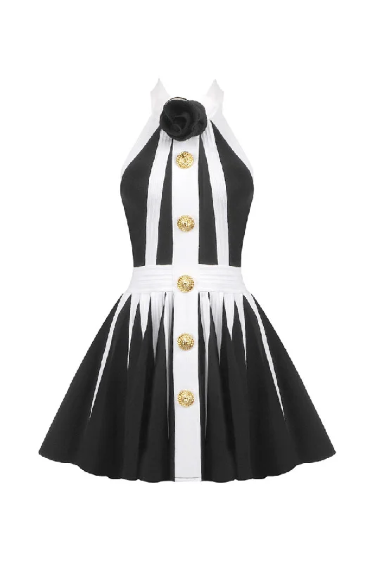 New Season Fashion Preview Sale Luxury Black and White Bandage Godet Rosette Halter Skater Party Mini Dress