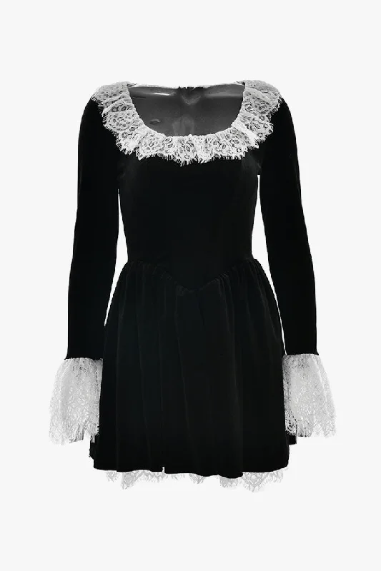 New Styles Just In French Style Layered Lace Long Sleeve Drop Waist Velvet Party Mini Dress