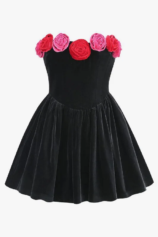 Shop Our Looks Romantic Rosette Strapless Drop Waist Fit and Flare Velvet Party Mini Dress