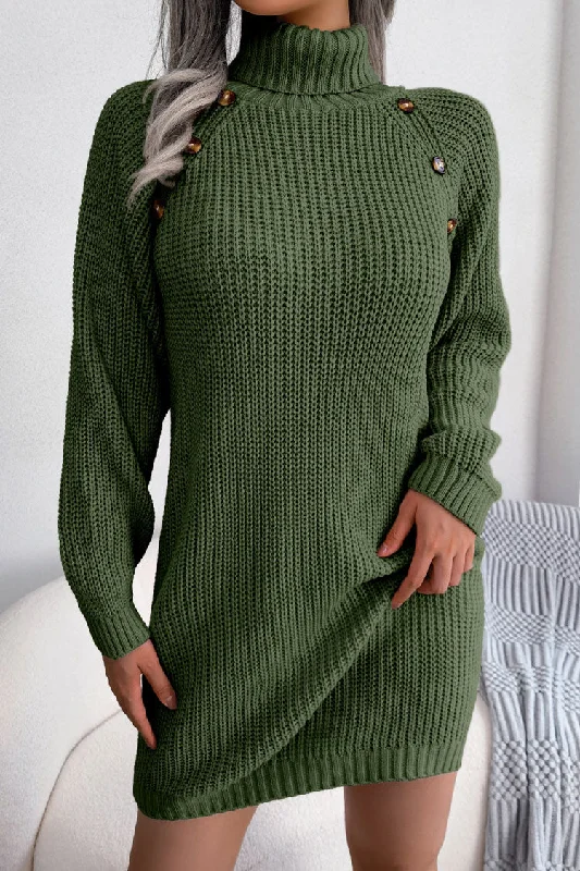 Discover Promotions Cozy Winter Button Trim Ribbed Turtleneck Sweater Mini Dress - Army Green