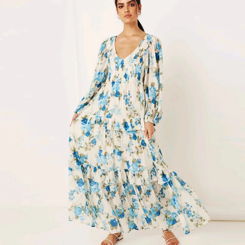 Ride The Style Wave FashionSierra-Cotton  Rayon  Floral Print  Maxi  Vintage  Shirred Chest  Ruffles  Long Sleeve  Autumn Boho Dress