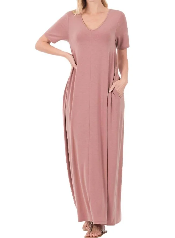 Women's Clothing Stores V-Neck Short Sleeve Maxi Dress In Light Rose