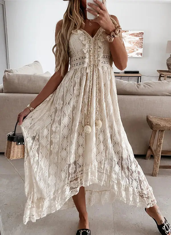 Style Beyond Borders FashionSierra-Sexy  Sleeveless  Backless  Irregular Strap  Women  Robe  Vintage  Tassel  Floral Lace  Summer  Beach  Vestidos Boho Dress