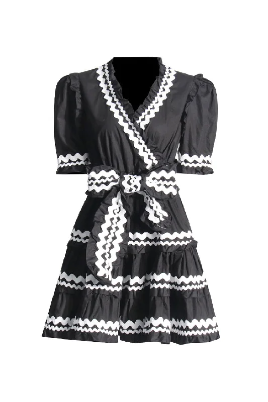 Trendy Boutiques Online Cute Contrast Ric Rac V Neck Puff Sleeve Belted Ruffle Tiered Mini Dress