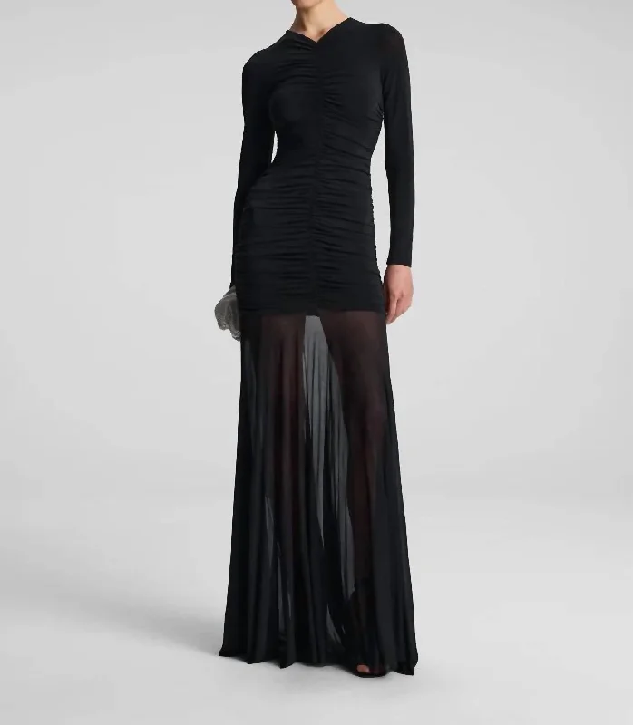 Limited Stock Fawn Ruched Mesh Maxi Dress In Black