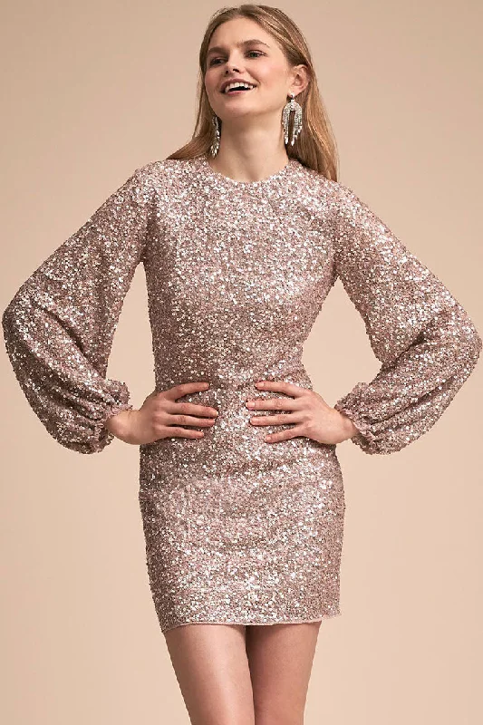 Seize Bargains Sparkly Long Sleeve Round Neck Sequin Mini Dress - Gold