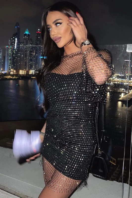 Mega Sales Sparkly Rhinestone Long Sleeve Fishnet Sheer Club Mini Dress - Black