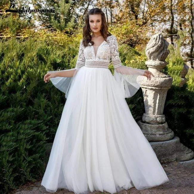 Extreme Clearance Deals Roycebridal Princess Flare Sleeve Wedding Dresses V Neck A Line Tulle