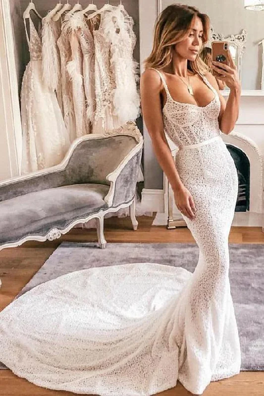 Snag Fabulous Fashion Bargains Roycebridal Boho Mermaid Scoop Neck Open Back Ivory Lace Wedding Dresses with Train, Vintage Wedding Dresses,MW382