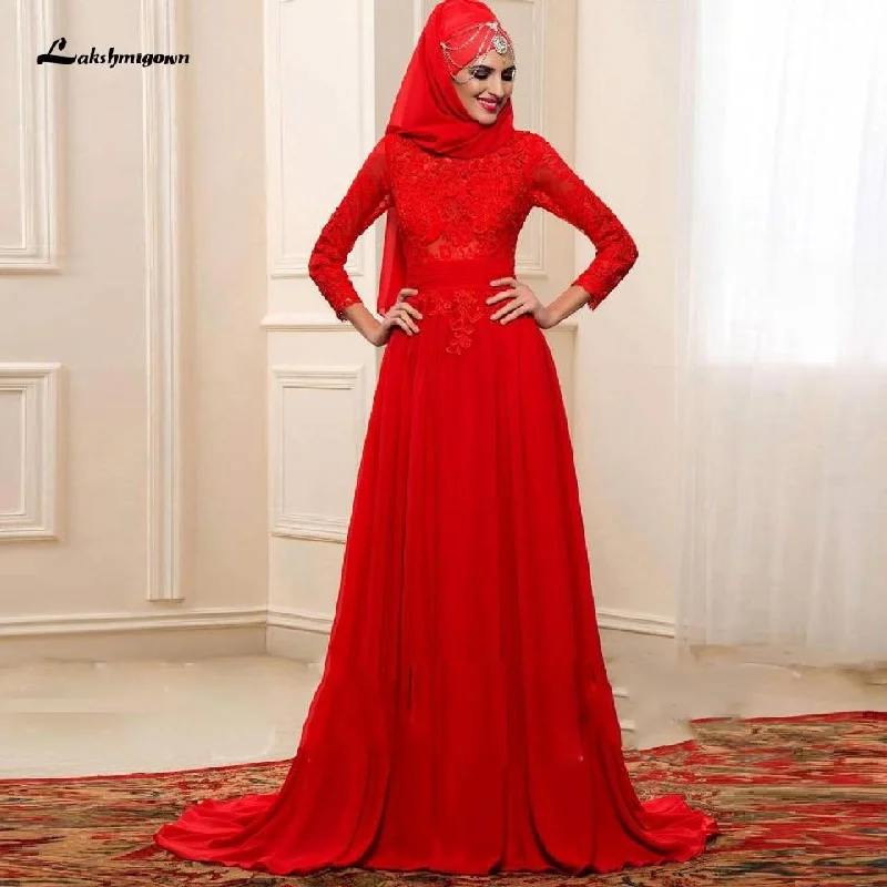 Casual Chic Roycebridal Red Hijab Wedding Dress Elegant Long Sleeve O Neck