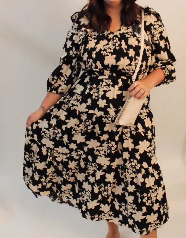 Eclectic Fashion 3/4 Length Sleeve Midi Dress In Black & Cream