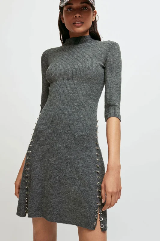 Clothes Women Unique Ring High Neck Winter Cashmere Sweater Mini Dress - Gray