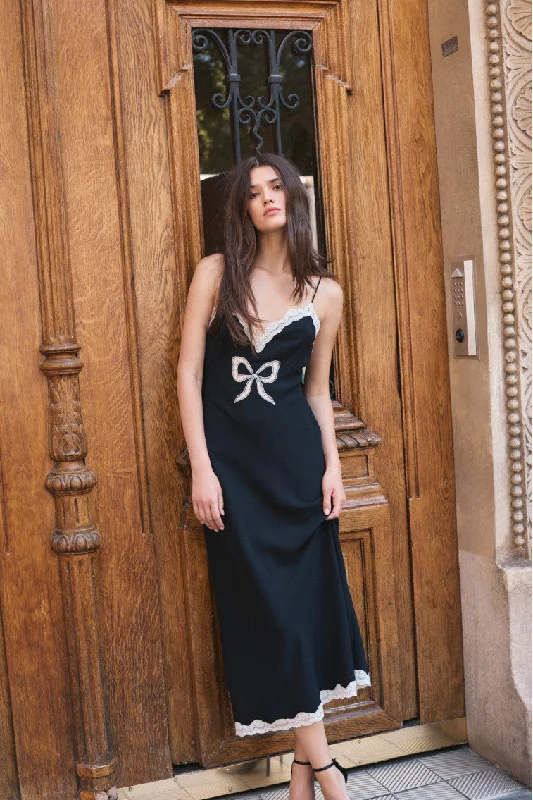 Holiday Discount Manuela Bow Slip Maxi Dress - BLACK