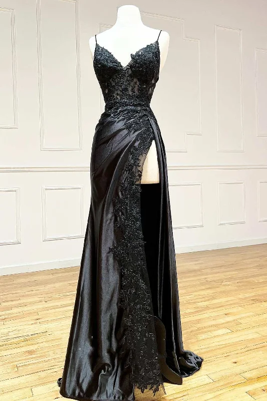 Limited Time Offers Black Floral Lace V-Neck Long Prom Dress with Slit Y2618