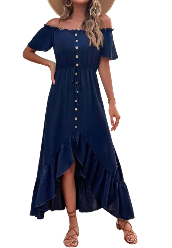 Huge Markdowns Off Shoulder Midi Dress In Navy