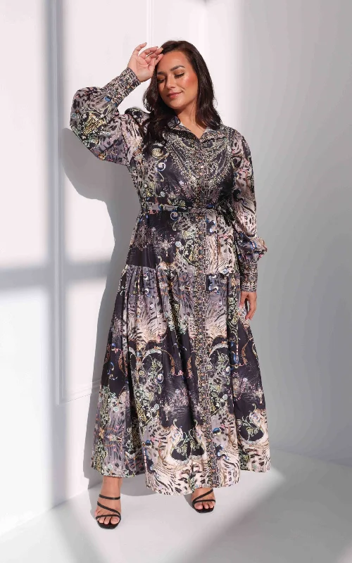 Timeless Elegance Sahara Night Sky Long Sleeve Maxi Dress -  Black Multi Print