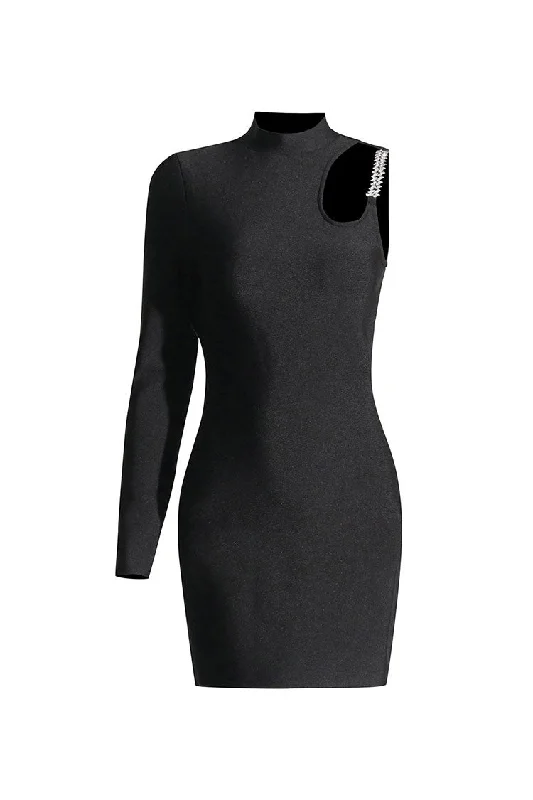 High-Quality Women’s Fashion Dresses Asymmetrical High Neck Rhinestone Cutout Long Sleeve Knit Party Mini Dress