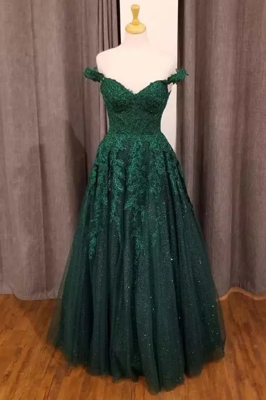 Summer Deals Hunter Green Floral Appliques Off-the-Shoulder A-Line Prom Dress Y1834