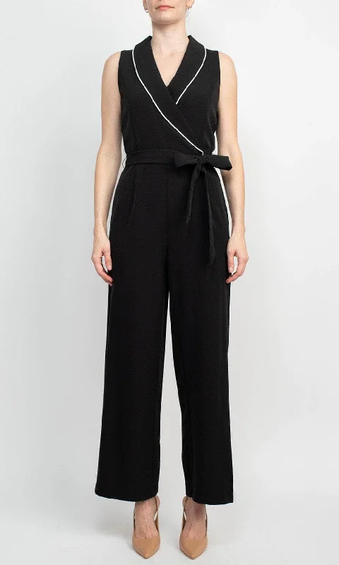 Trendy Street Style Attire Tahari TD001031 - Collared V-Neck Scuba Jumpsuit