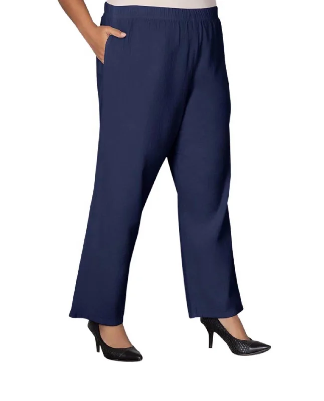 Casual Wear Wide Leg Crinkle Cotton Pants - Plus In Navy