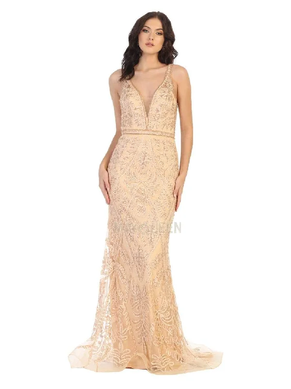 New Arrivals May Queen - MQ1758 Beaded Soutache Plunging V-Neck Gown