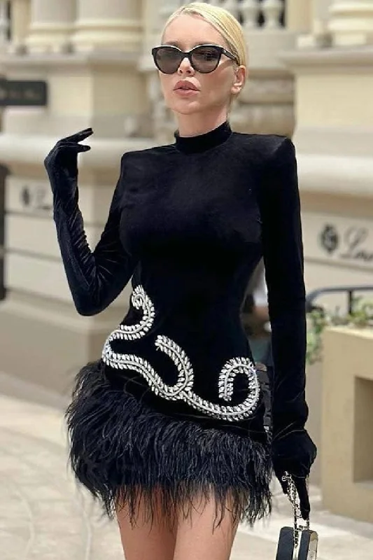 Women's Clothing Stores Sparkly Rhinestone Glove Long Sleeve Faux Feather Velvet Party Mini Dress - Black