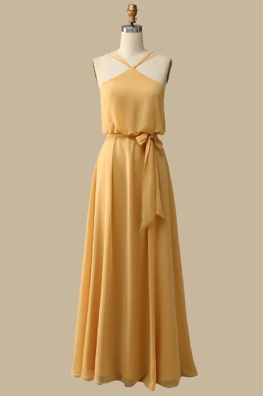 From Casual To Classy Blouson-Style Halter Chiffon Maxi Dress in Mustard Yellow