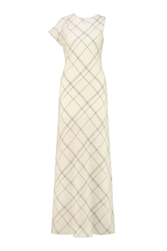 Women's Online Clothing Boutique LIATRIS IVORY PLAID WOOL SEERSUCKER A-SYMMETRIC MAXI DRESS