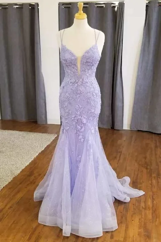 Shop Our Looks Mermaid Lavender Floral Lace Straps Long Prom Dress Y1727