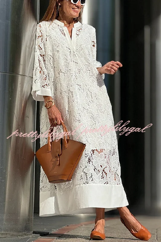 Limited Time Special Offer Confidence and Adventure Flower Lace V-neck Bell Sleeve Loose Midi Dress