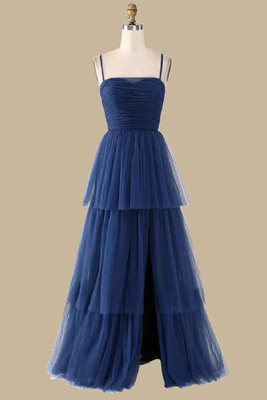 Essentials On Sale Navy Blue Spaghetti Strap Tiered Maxi Dress with Slit