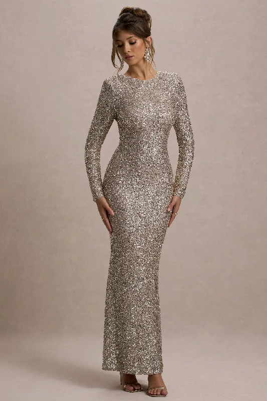 VIP Member Discount Citrine | Champagne Sequin Long-Sleeve Maxi Dress