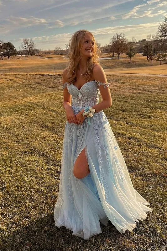 Bid Farewell To The Old Season Tulle Floral Lace A-Line Off-the-Shoulder Prom Dresses