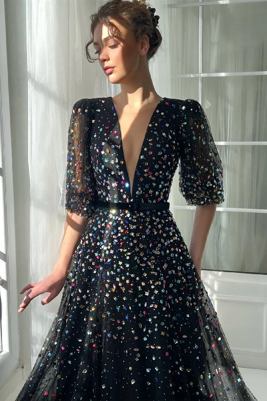 New In This Season Deep V-neck Bubble Sleeves Colorful Rhinestones Prom Dresses, Black Maxi Dresses, Party Dresses, Formal Evening Dresses