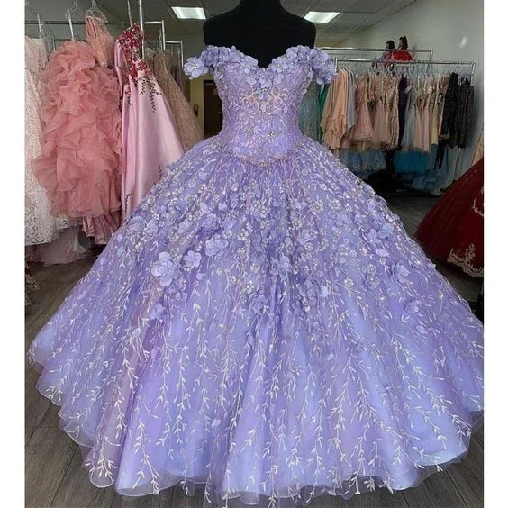 Flash Sale Now Romantic Lavender 3D Floral Flowers Quinceanera Dresses Off Shoulder Ball Gown Sweet 16 Dress  Y1152